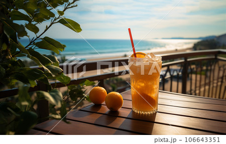 Fresh refreshing orange juice with ocean view. Summer holiday vacation concept with orange juice over sea beach background copy space Fresh refreshing orange juice with ocean view. Summer holiday vacation concept with orange juice over sea beach background copy space 106643351