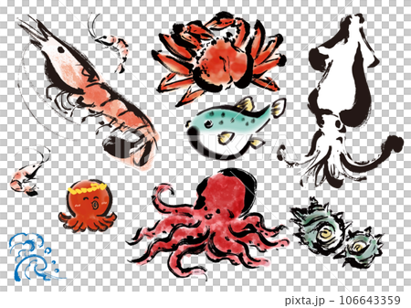 海鮮手描きイラストセット（エビ、カニ、イカ、タコ） 106643359