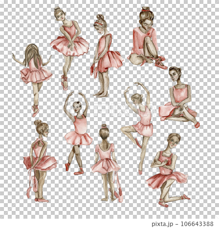 Watercolor ballerina girl in pink dress. Pretty small ballerina. Watercolor hand drawn illustration. Can be used for greetings cards or posters. 106643388
