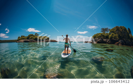 Strong men floating on a SUP boards in a beautiful bay on a sunny day. Aerial view of the men crosses the bay using the paddleboard. Water sports, competitions. Tropical blue ocean, Summer Holiday 106643412