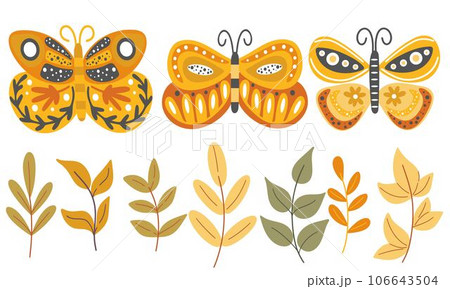 Hand drawn set of butterflies and leaves 106643504