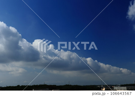 自然 気象 層積雲、一直線に並んだ雲が空を二分。右は快晴左は薄曇りの