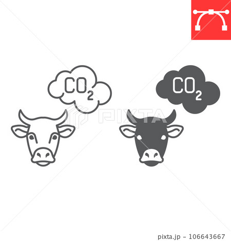 Methane emission from cow line and glyph icon, climate change and ecology, cow ch4 vector icon, vector graphics, editable stroke outline sign, eps 10. Methane emission from cow line and glyph icon, climate change and ecology, cow ch4 vector icon, vector graphics, editable stroke outline sign, eps 10. 106643667