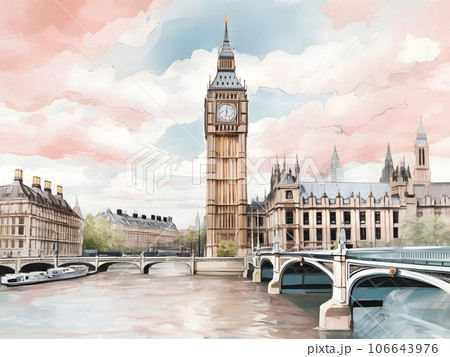 時計塔 水彩画 水彩画背景_世界旅行_イギリス_時計塔_02のイラスト素材 [106643976