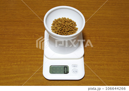 0gを示すデジタル上皿秤にキャットフードの入った器が載っている状態 106644266
