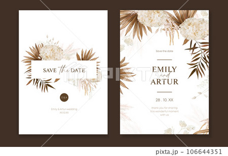 Tropical boho save the date, wedding invite. Dried brown palm leaves, pampas grass, beige hydrangea, lagurus, lunaria bouquet frame. Bohemian watercolor neutral color editable card design template set Tropical boho save the date, wedding invite. Dried brown palm leaves, pampas grass, beige hydrangea, lagurus, lunaria bouquet frame. Bohemian watercolor neutral color editable card design template set 106644351