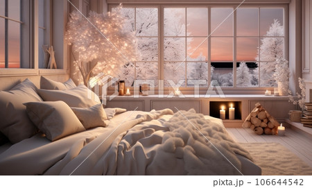 Interior of modern white bedroom with Christmas decor. Garlands and burning candles, decorated plants, comfortable bed with cushions and blanket, bookcase, large window with winter forest view. 106644542