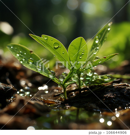 water drops on leaves, Green sprout with dew drops on the ground in the forest, 106644906