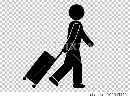 帶著旅行包去旅行的象形文字。邊走邊拉著行李箱。 106645353
