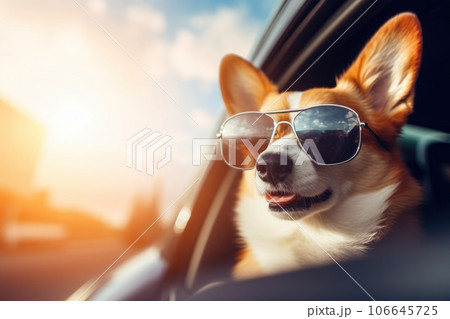 Corgi dogs in sunglasses riding in a car Corgi dogs in sunglasses riding in a car 106645725