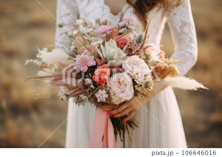 The bride holds a bouquet in boho style 106646016