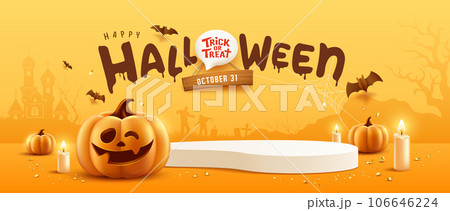 Happy Halloween podium, pumpkin candle, and bat on yellow banner design 106646224