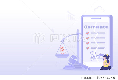 Online contract cancellation concept. Termination or dismissal of employment, fired from work, tearing up contract paper. Flat vector design illustration with copy space. 106646240