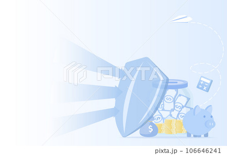 Protection concept. Big shield protect arrow to financial, saving money, piggy bank. Protection of money and valuable assets. Flat vector design illustration with copy space. 106646241