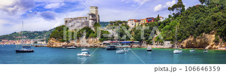 Italy, Liguria. famous golf of poets and scenic town Lerici with medieval castle and nice beaches. popular tourist summer destination 106646359