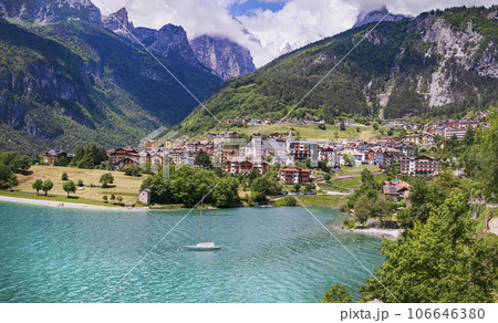 Most scenic mountain lakes in northern Italy - beautiful Molveno in Trento, Trentino Alto Adige region 106646380