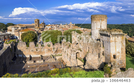 Italy travel and landmarks. Famous historic Etruscan city Nepi in Tuscia, Viterbo province. Popular tourist destination and attration. Aerial drone view Italy travel and landmarks. Famous historic Etruscan city Nepi in Tuscia, Viterbo province. Popular tourist destination and attration. Aerial drone view 106646463