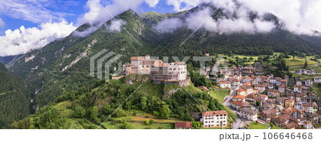medieval castles of northern Italy.  Castle Stenico and village. Trentino region, province of Trento. Aerial drone high angle view 106646468