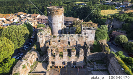 Italy travel and landmarks. Famous historic Etruscan city Nepi in Tuscia, Viterbo province. Popular tourist destination and attration. Aerial drone view Italy travel and landmarks. Famous historic Etruscan city Nepi in Tuscia, Viterbo province. Popular tourist destination and attration. Aerial drone view 106646470