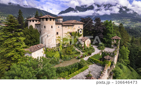 Most scenic medieval castles of Italy - Castel Campo in Trentino region, Trento province. Aerial drone view 106646473
