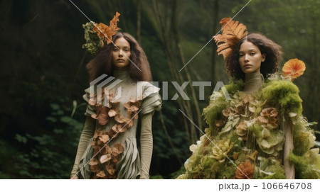 Two girls dressed in autumn colors and natural materials. The concept is modern, 106646708