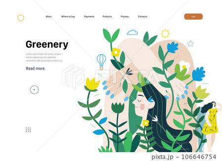 Greenery, ecology -modern flat vector concept illustration of a mural of a woman, surrounded by plants. Metaphor of environmental sustainability and protection, closeness to nature 106646754