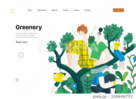 Greenery, ecology -modern flat vector concept illustration of people on a tree, surrounded by plants. Metaphor of environmental sustainability and protection, closeness to nature Greenery, ecology -modern flat vector concept illustration of people on a tree, surrounded by plants. Metaphor of environmental sustainability and protection, closeness to nature 106646755