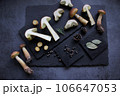 Aureoboletus projectellus mushrooms with spices on dark background. Menu concept. Flat lay, close up, copy space. 106647053