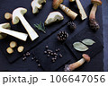 Aureoboletus projectellus mushrooms with spices on dark background. Menu concept. Flat lay, close up, copy space. 106647056