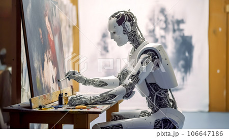 futuristic creative robot painter draws a colorful picture on a canvas futuristic creative robot painter draws a colorful picture on a canvas 106647186