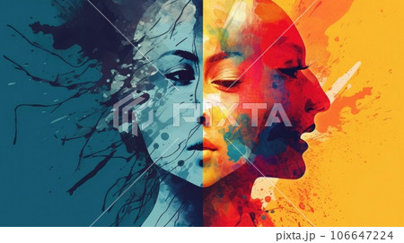 Abstrakt illustration of intrapersonal conflict, Bipolar personality disorder, portrait of woman. Concept of menthal illness, menthal health. AI generated 106647224