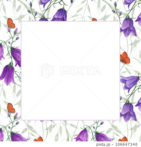 Blooming campanula, wild oats, flying butterflies. Floral square frame. Watercolor illustration for greeting, invitation template, celebration cards. Space for text 106647348