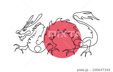 Japanese dragon vector illustration with red circle. One continuous line art drawing of dragon 106647349