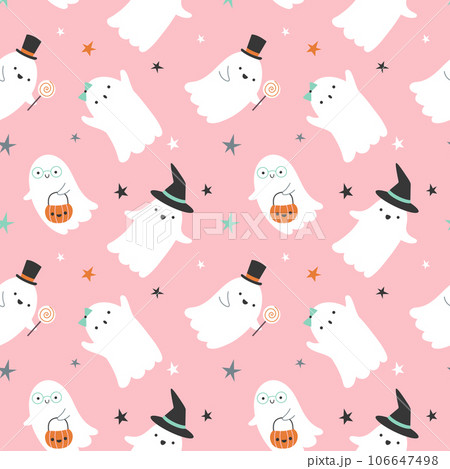 Vector seamless pattern with cute Halloween ghost with different characters on a pink background Vector seamless pattern with cute Halloween ghost with different characters on a pink background 106647498