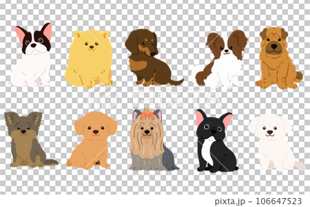正面を向いてお座りするシンプルで可愛い小型犬のイラストセット　主線なし 106647523