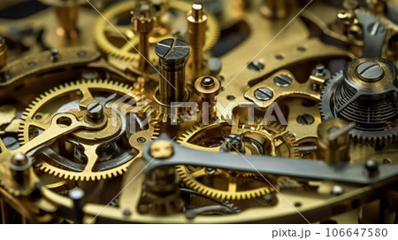 Concept of transience, the ephemeral nature of time, illustration, close-up of mechanism of antique clock, gears and cogs in clockwork watch. AI generated 106647580