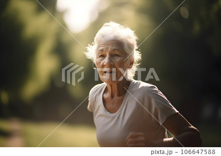 Portrait beautiful old woman taking run on park in summer warm sunny day. AI generated 106647588