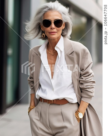 Beautiful senior lady with gray hair posing standing in the street of European city, gorgeous older woman fashion model, streetstyle blogger 106647708