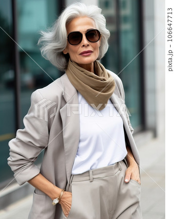 Beautiful senior lady with gray hair posing standing in the street of European city, gorgeous older woman fashion model, streetstyle blogger Beautiful senior lady with gray hair posing standing in the street of European city, gorgeous older woman fashion model, streetstyle blogger 106647713