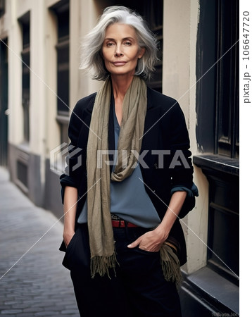 Beautiful senior lady with gray hair posing standing in the street of European city, gorgeous older woman fashion model, streetstyle blogger 106647720