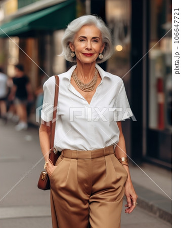 Beautiful senior lady with gray hair posing standing in the street of European city, gorgeous older woman fashion model, streetstyle blogger 106647721