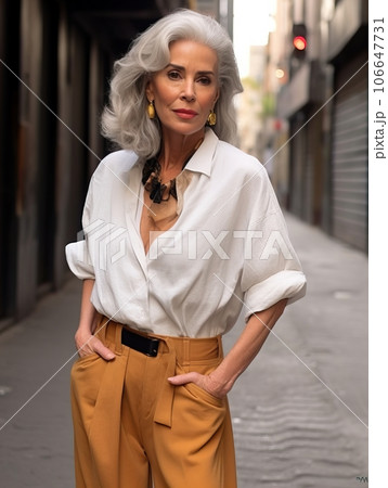 Beautiful senior lady with gray hair posing standing in the street of European city, gorgeous older woman fashion model, streetstyle blogger Beautiful senior lady with gray hair posing standing in the street of European city, gorgeous older woman fashion model, streetstyle blogger 106647731