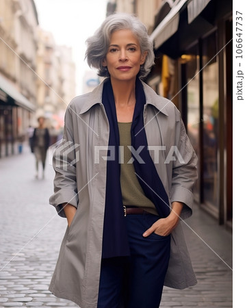 Beautiful senior lady with gray hair posing standing in the street of European city, gorgeous older woman fashion model, streetstyle blogger Beautiful senior lady with gray hair posing standing in the street of European city, gorgeous older woman fashion model, streetstyle blogger 106647737