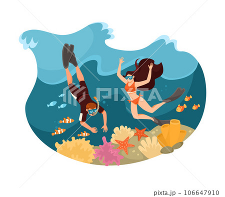 Happy Vacation with Man and Woman Couple Diving Underwater Together Vector Illustration Happy Vacation with Man and Woman Couple Diving Underwater Together Vector Illustration 106647910