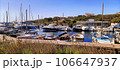 Sea boats harbour, the Coast of the Mediterranean sea landscape. Sunny summer day background. Blue marine colour water 106647937