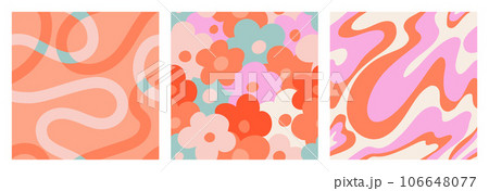 1970 Daisy seamless pattern pack with Naive groovy wave and squiggle. Retrowave with 90s style for kids. Minimalist nursery print of psychedelic Orange curvy shapes of natural tones 106648077