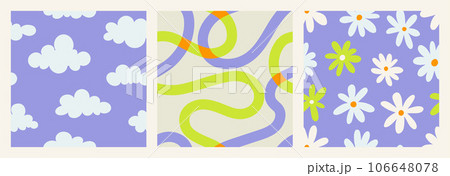1970 squiggle seamless pattern pack with Naive groovy wave and Clouds. Retrowave with 90s style for kids. Fun colorful Doodle Bright backgrounds. Minimalist nursery print in neon green and lavender 106648078