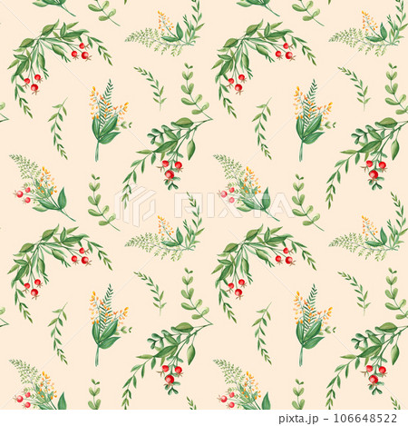 Seamless watercolor pattern with green branches, yellow wildflowers and red berries on beige background. Botanical summer hand drawn illustration. Can be used for gift wrapping paper, kitchen textile 106648522