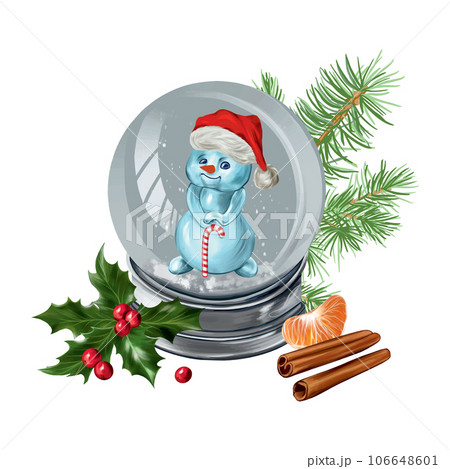 Snow globe with a snowman, holly, cinnamon,...のイラスト素材