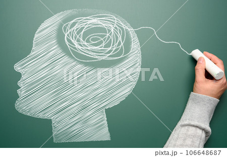 Profile of a human head with a tangled spiral in the brain area. The head is drawn in white chalk. Mental health concept Profile of a human head with a tangled spiral in the brain area. The head is drawn in white chalk. Mental health concept 106648687